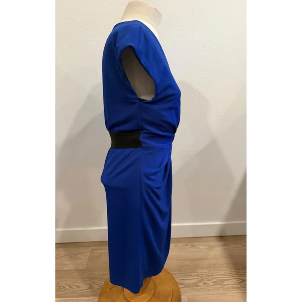 ABS Collection Royal Blue Faux Wrap Sheath Dress Black Waistband Small - Image 4