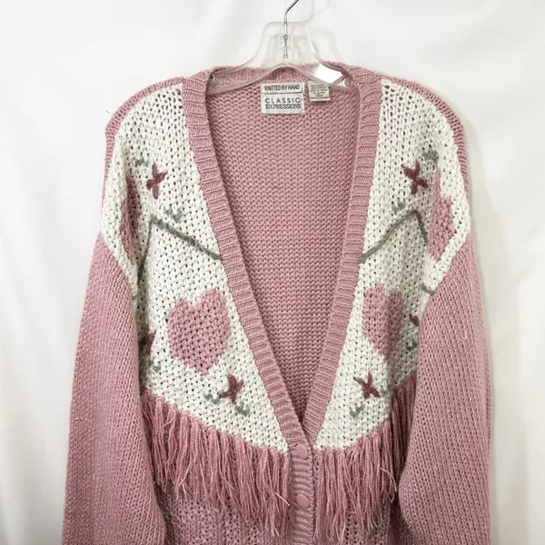 VTG Plus Size 20W Sweater Pink‎ Hand Knit Heart Fringe Cardigan Cottagecore 774 - Image 5