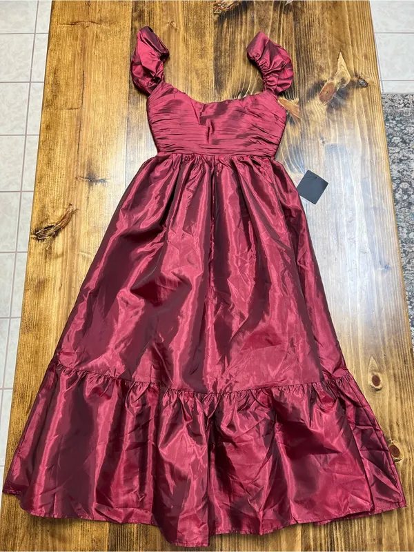 Lulus Poised Passion Wine Red Taffeta Pleated Ruffle Midi Dress Size XS NWT - Image 5