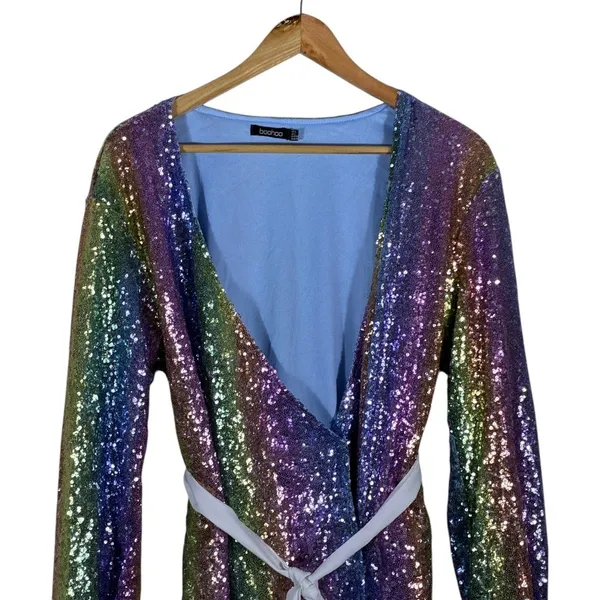 Boohoo Rainbow Sequin Wrap Mini Dress Multi Color Festival Party Sparkly Size 6 - Image 2