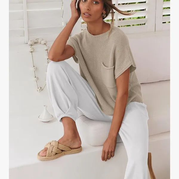 Neutral Knit Top & White Jogger Lounge Set Tan Size M - Image 2