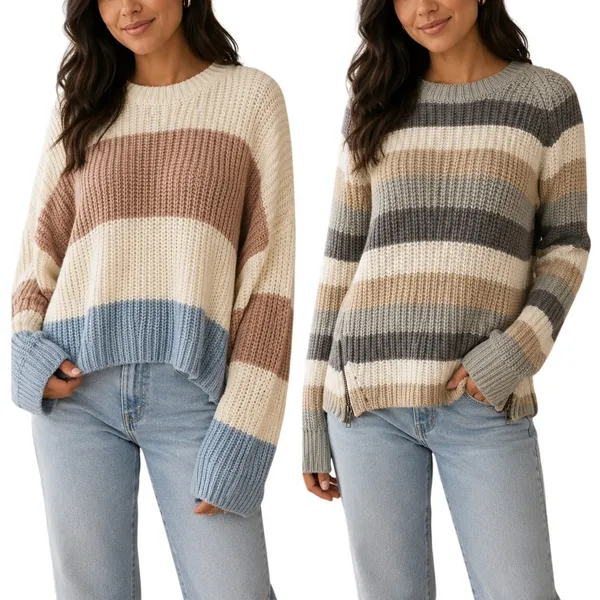 Sincerely Jules Neutral Striped Sweater Bundle M Coastal Grandma Cozy Knit Oversized - Image 2