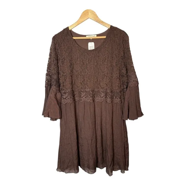 Indigo Soul Mini Dress Womens Medium Brown‎ Gored Crochet Lace Bell Sleeve Boho - Image 3
