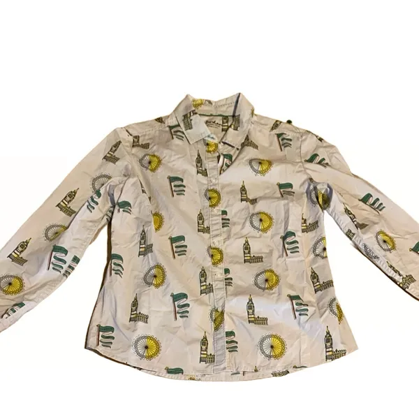 Boden Light Gray W/Yellow & Green London Theme Cotton Button Down Shirt (8) - Image 9