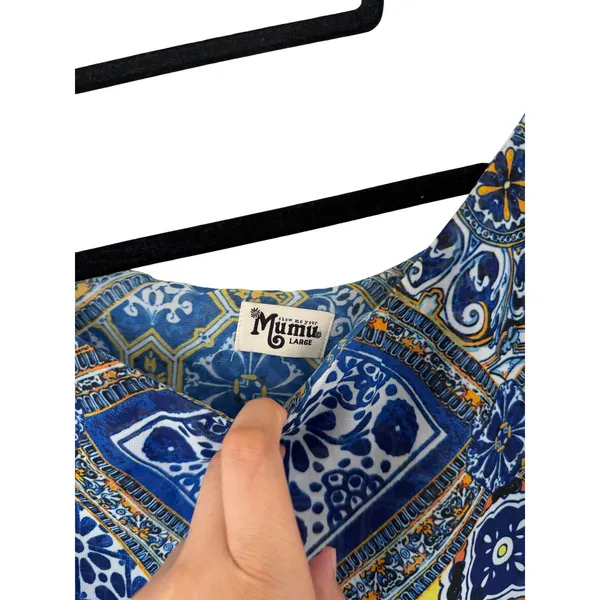 Show Me Your Mumu Tunic Top Large Blue Yellow Tile Print Flutter Sleeve‎ Sheer L - Image 5