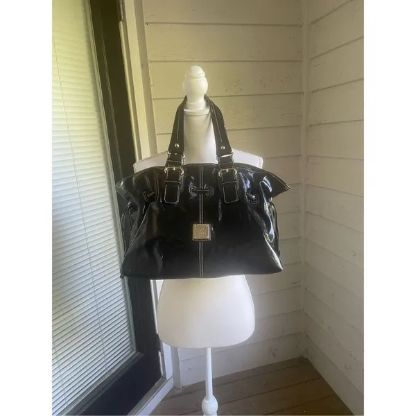 Dooney & Bourke Medium Chiara Patent Leather Drawstring Satchel Bag Black - Image 7