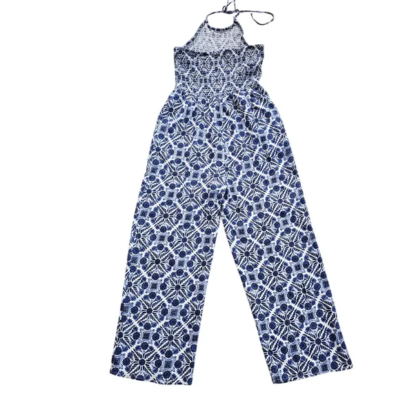 Patrons of Peace 41G Blue White Tile Print Halter Smocked‎ Wide Leg Jumpsuit S - Image 6