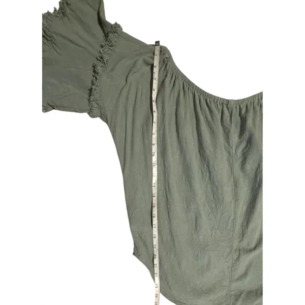 Umgee Sage Green Linen Blend Off The‎ Shoulder Ruffle Fringe Tie Front Top Large - Image 4