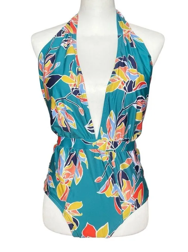 ModCloth Swimsuit Women’s Medium Teal Floral One Piece Bethany Halter Retro - Image 7