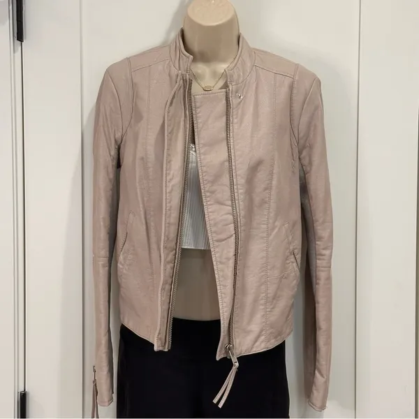 Free People Cool and Clean Faux Leather Moto Jacket 0 Pink Sand Biker Boho Chic - Image 7