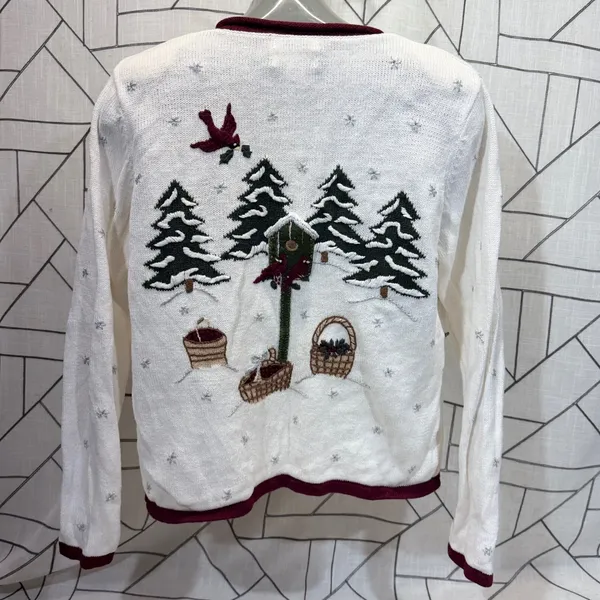 Christopher & Banks Sweater Small White Winter Cardinal‎ Hand Embroidered 2003 - Image 2