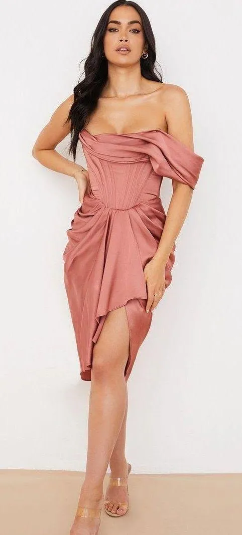 House Of CB NWOT Janis Rouge Satin One Shoulder Draped Midi Dress - Image 2