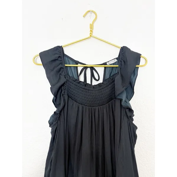 Free People Want Your Love Black Mini Dress Small Smocked Tie Back Boho Babydoll - Image 5