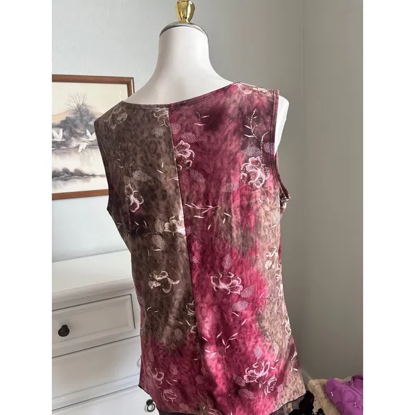 Only 9 Tank‎ Top Women Large Burgundy Excellent Floral Animal Print Shimmer - Image 5