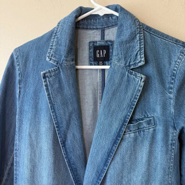 Gap Women 100% Cotton Denim Blazer XS Blue Single Button Notch Lapel Structured - Image 7