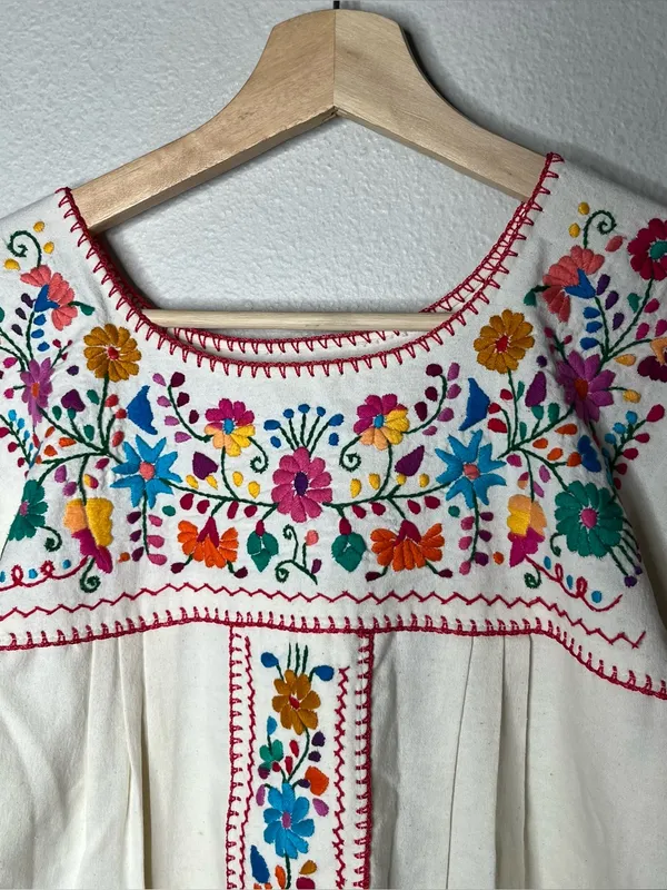 Colorful Florals Mexican Embroidered Short Sleeve Peasant Blouse Boho - Image 3