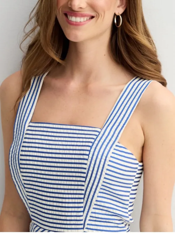 Draper James chevron Striped Square-Neck Midi Dress in Light Blue and White - Image 4