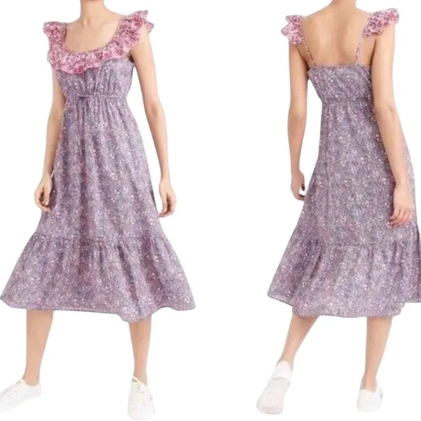 J.Crew Womens Liberty‎ Floral Mixed Print Tiered Ruffle Midi Dress Size Large - Image 2