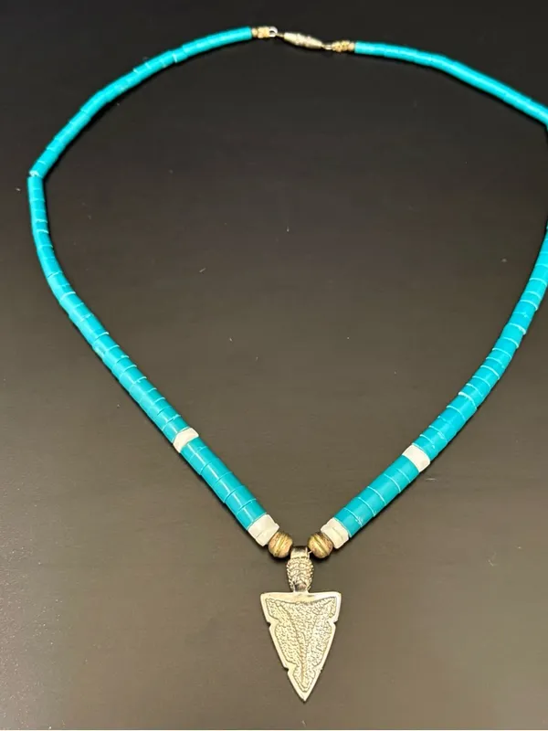 Vintage Southwestern Silver-tone Turquoise Heishi Beads Pendant Necklace - Image 2