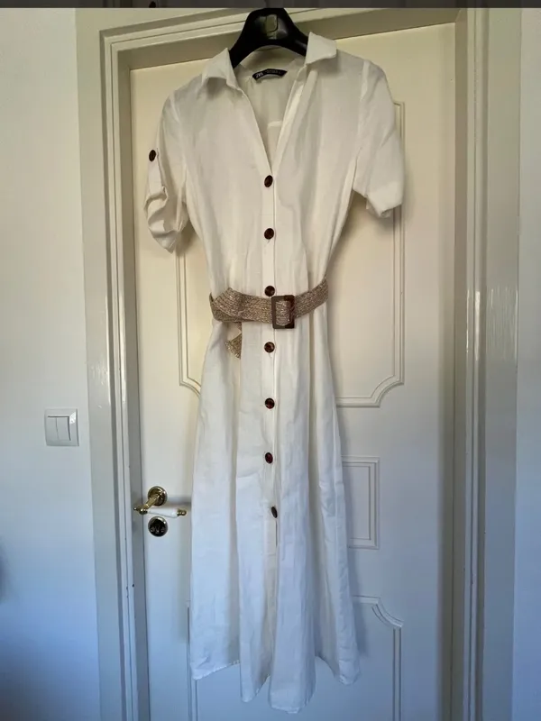 ZARA Cream Button-Front Midi Shirt Dress with Woven Belt - Image 11
