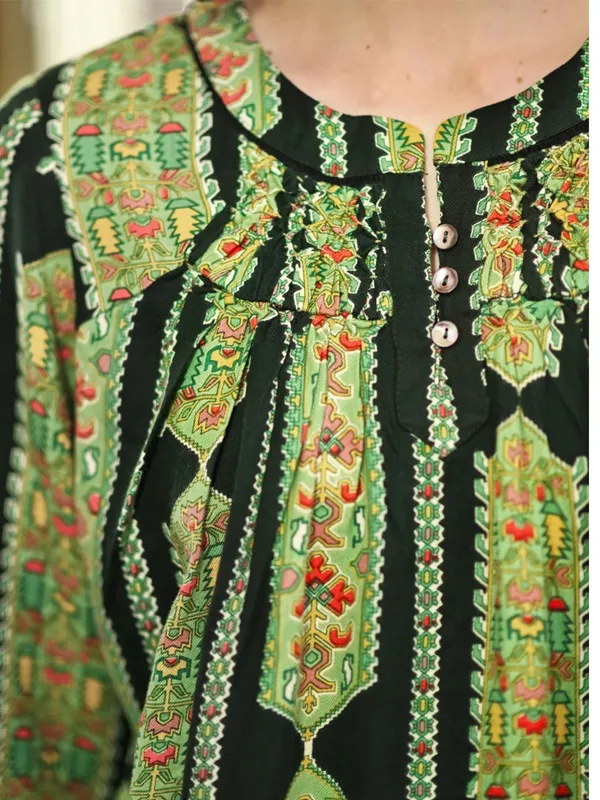April Cornell Peru Ruffled Hem Blouse Top Olive Floral Green Herbs L - Image 2
