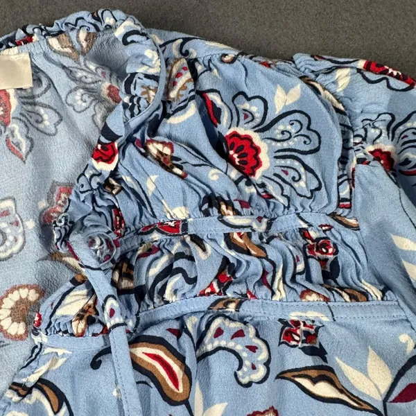 LOFT Womens M Light Blue‎ Paisley Ruched Ruffle Tie Neck Top Blouse Lightweight - Image 7