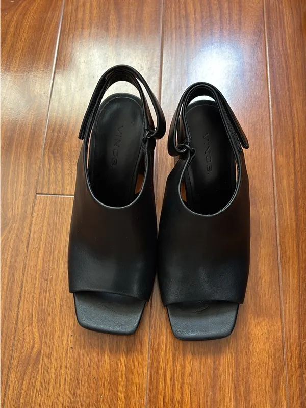 Vince Black Leather Hook and Loop Block Heels - Image 2
