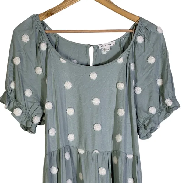 Blu Pepper Womens Babydoll Polka Dot Tiered Dress Size L Sage Green Cottagecore - Image 3