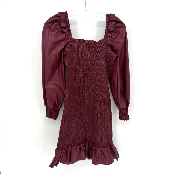 7 For All Mankind Mini Dress Womens M Oxblood Smocked Vegan Leather Coquette - Image 3