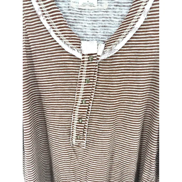 Free People Tank Top Striped Henley Medium Brown Linen Blend Boho Sleeveless - Image 7