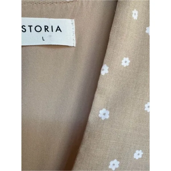 Storia Ruffle Sleeve Romper Large Tan Floral Babydoll Tie Back Boho Cottage - Image 5