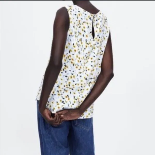 Zara White Black Lace Inset Blue and Yellow Floral Tank Top Blouse XS - Image 2