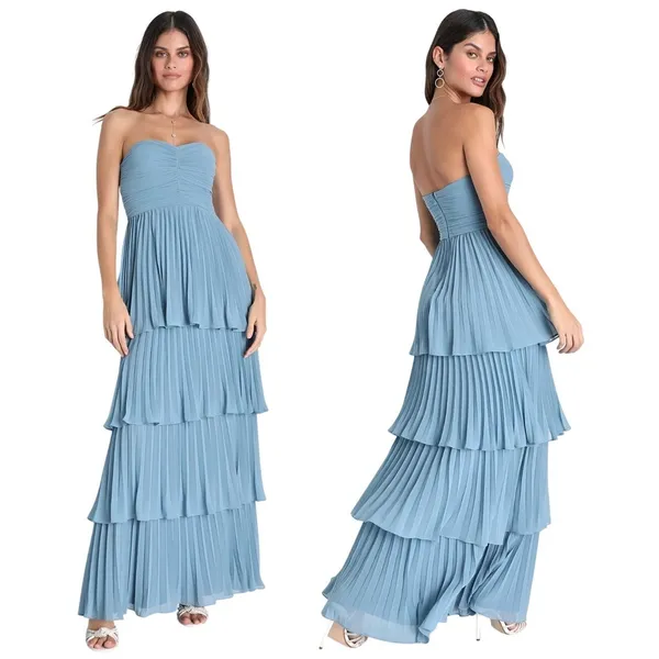 Lulus Seriously Sensational Light Blue Strapless Tiered Maxi Dress M NEW - Image 2