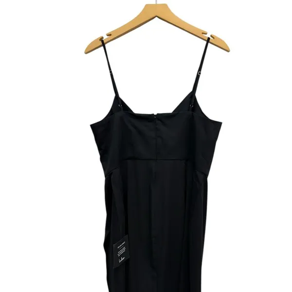 Lulus V Neck Spaghetti Strap Pleated Faux Wrap Reinette Black Midi Dress size L - Image 4