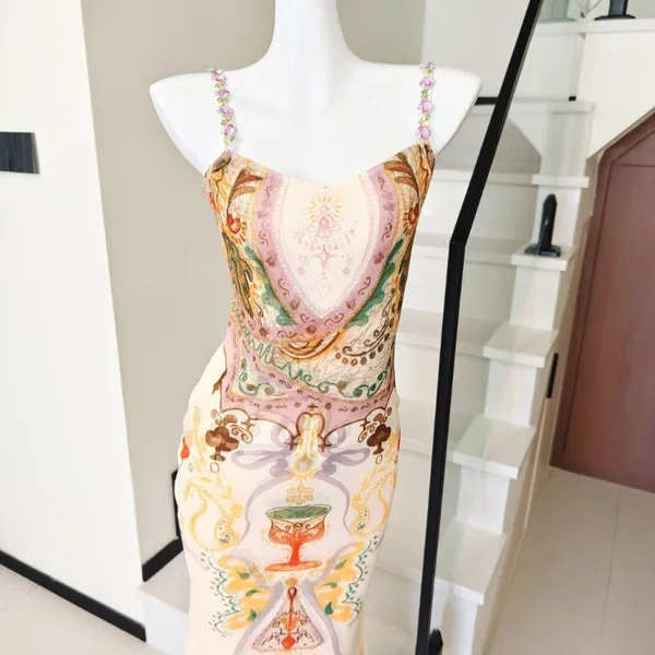Ornate Baroque Print Slip Midi Dress Beaded Floral - Image 2