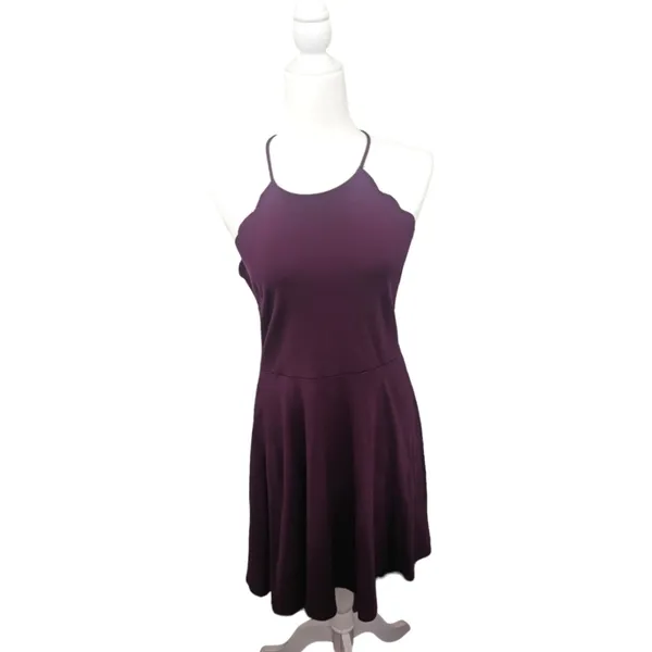 Socialite‎ Purple Plum Small Scalloped Mini Skater Halter A-Line Dress Keyhole - Image 2