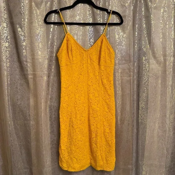 Free People Light Me Up Golden Yellow Floral Lace Slip Bodycon Dress Large - Image 3