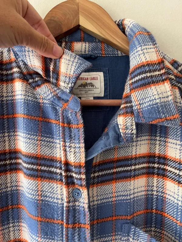 AE Sz L Oversized Striped Button-Up Flannel Shirt Chest Pocket - Image 4