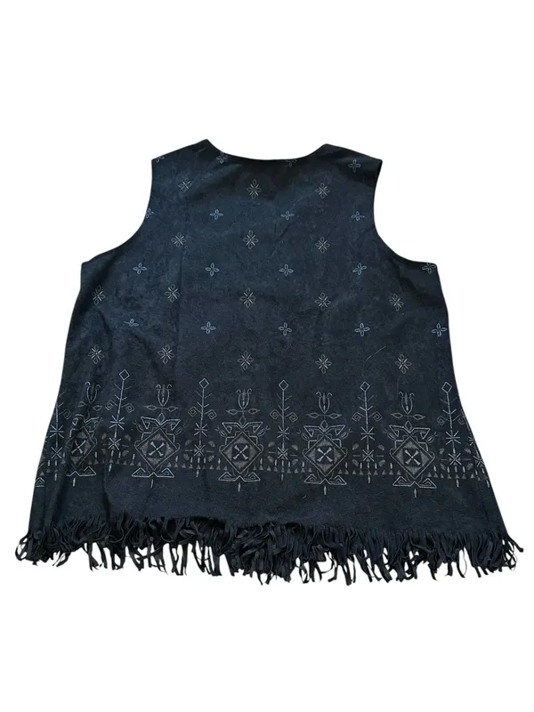 Vintage Black Faux Suede Vest Fringe Hem Embroidered Boho Western Festival - Image 8