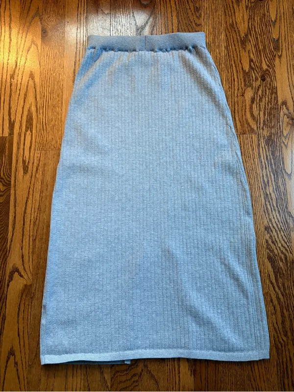 Free People Skyline Midi Skirt Gray Rib Knit Front Slit High Waist Size M - Image 4