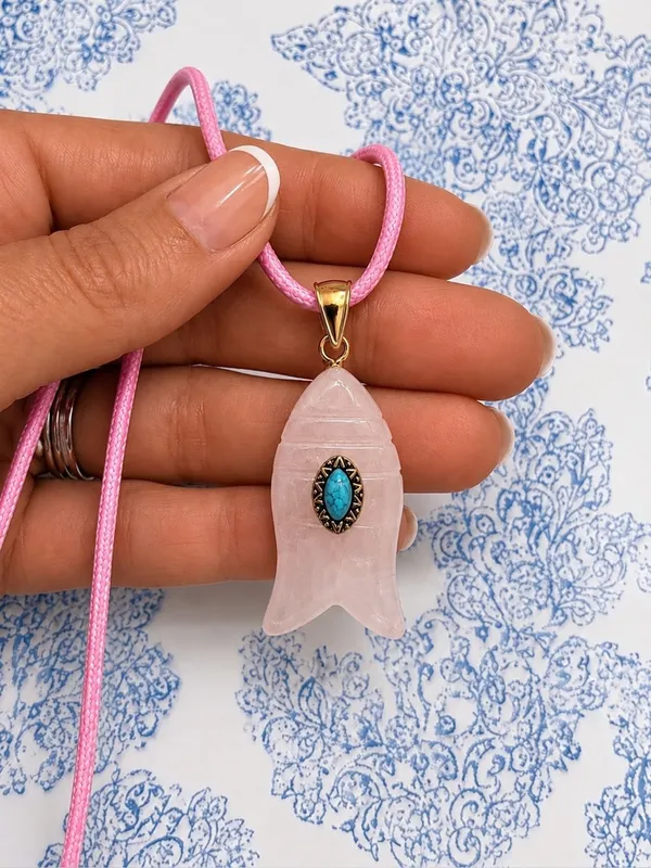 Revolve x Adina Eden Pink Quartz Fish Pendant Faux Leather Rope Necklace Pink - Image 5