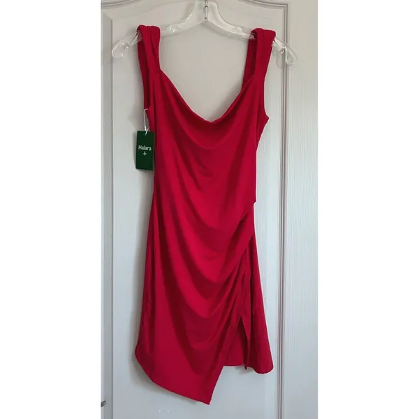 Halara Red Cowl Neck Open Back Ruched Asymmetrical‎ Mini Dress Medium NWT - Image 2