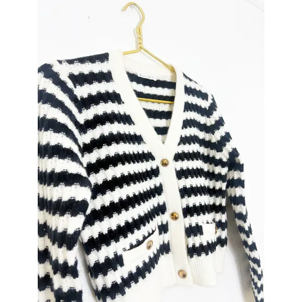 Anthropologie Line + Dot Laurel Cropped Knit Cardigan Size Small Black Striped - Image 10