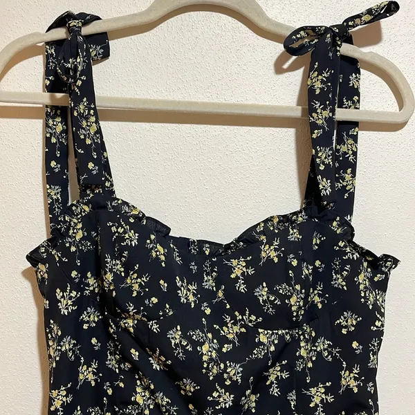 o.p.t. Toile De Jouy Midi Dress Ruffle Tie Straps Black Floral Size Large - Image 4