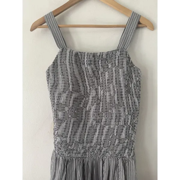 NWT OGL Striped Poplin Square Neck Smocked Midi Bra Dress Sz Medium Gray Stripe - Image 6