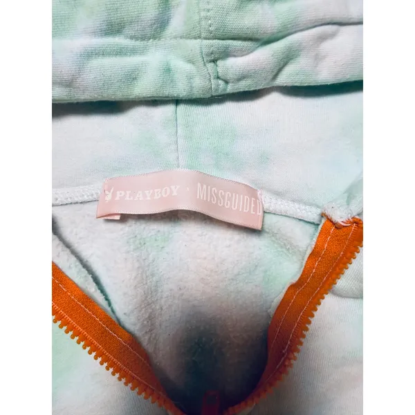 Playboy x Missguided Crop Hoodie Sweatshirt Zip Neck Green Tie Dye Size Small - Image 5