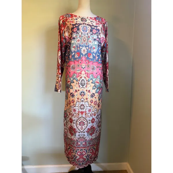 Boho Maxi Dress Long Sleeve Tapestry Floral L whimsi dainty colorful retro beach - Image 2