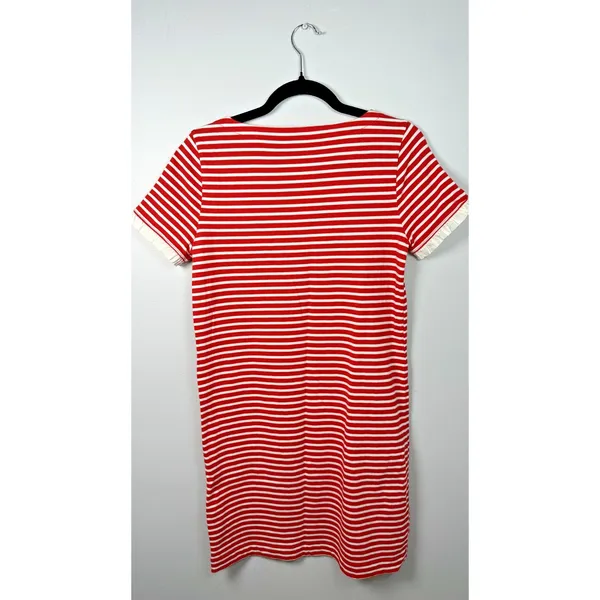 J. Crew Small Dress Womens 100% Cotton‎ Striped Red White Lace Short Sleeve - Image 6