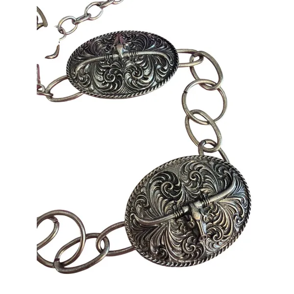 Vintage Western Silver Tone Belt Ornate Longhorn Buckles Conchos Adj Chain 42" - Image 3