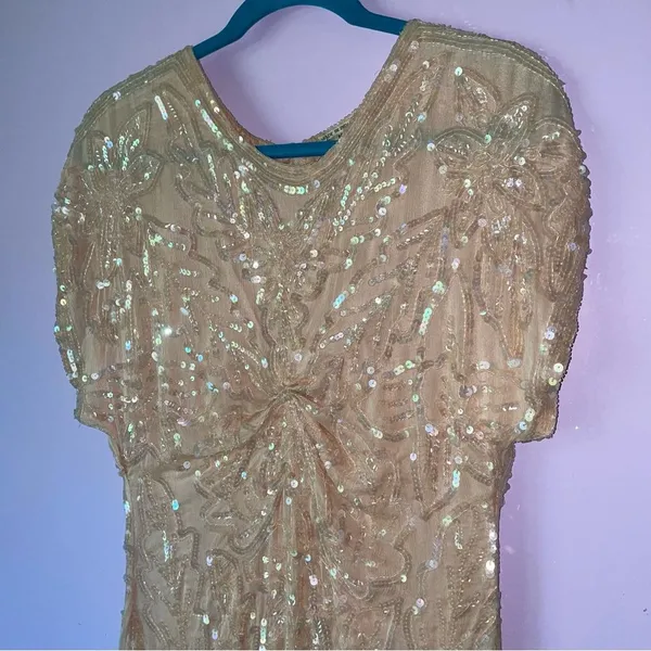 Vintage Size M Pastel Peach Silk Sequin Ball Gown Formal Dress Modest Hoco Prom - Image 2